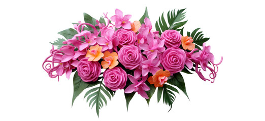 Obraz premium spring bouquet with dusty pink and cream roses, peonies, hydrangeas, and tropical leaves, isolated on a transparent background. PNG, cutout, or clipping path.