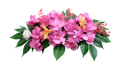 a spring bouquet with dusty pink and cream roses, peonies, hydrangeas, and tropical leaves, isolated on a transparent background. PNG, cutout, or clipping path.