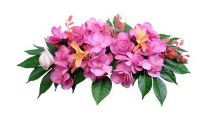 a spring bouquet with dusty pink and cream roses, peonies, hydrangeas, and tropical leaves, isolated on a transparent background. PNG, cutout, or clipping path.