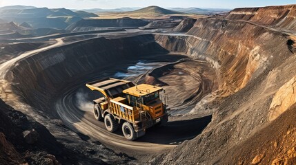 Open pit mine industry, big yellow mining truck for coal quarry - obrazy, fototapety, plakaty