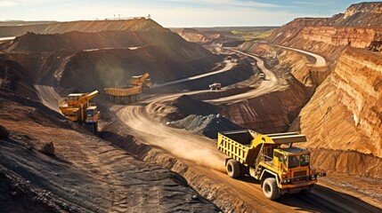 Open pit mine industry, big yellow mining truck for coal quarry - obrazy, fototapety, plakaty