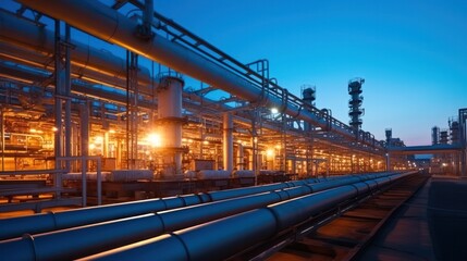 Naklejka premium Steel Pipeline of Oil and gas plant with pipe rack. Refinery plant. industrial and factory
