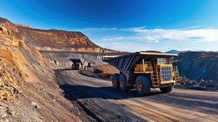 Open pit mine industry, big yellow mining truck for coal quarry - obrazy, fototapety, plakaty