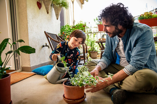 Father and son bonding over gardening on a balcony