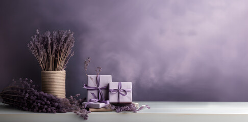 Lilac purple gift boxes with ribbon and lavender