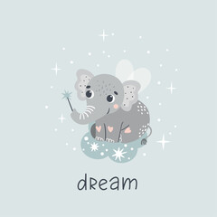 Vector illustration with a cute fairytale elephant. Suitable for printing posters, stickers, cards and more.