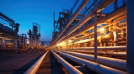 Obraz premium Steel Pipeline of Oil and gas plant with pipe rack. Refinery plant. industrial and factory
