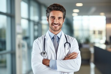 Healthcare, medical staff doctor concept. Portrait of smiling male doctor posing with folded arms on grey or white studio background with free space. Professional general practitioner photo.