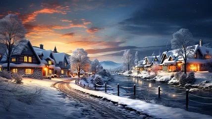 Foto op Plexiglas Winter Landschaft Abend Fluss Häuser Idylle Generative AI © Catill2020