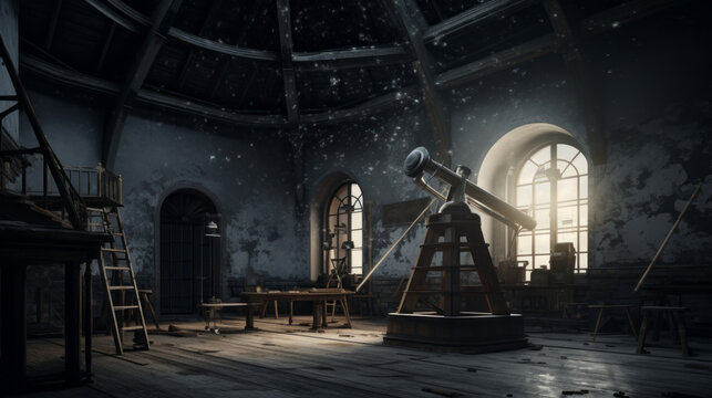 An old, abandoned observatory with a broken telescope and faded stars on the ceiling