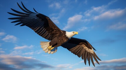 A bald eagle soaring high against a clear blue sky.