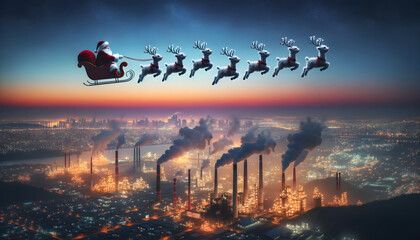 AI generated photo of Santa Claus on his sleigh pulled by reindeer, flying in the night sky. Below, industrial factories emit smoke, creating a stark contrast with the festive scene above. 