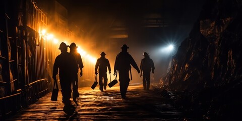 Mining working. Silhouette of Miners entering underground coal mine night lighting - obrazy, fototapety, plakaty