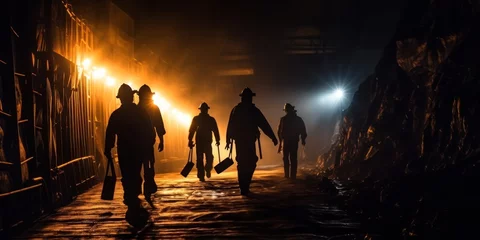  Mining working. Silhouette of Miners entering underground coal mine night lighting © ETAJOE