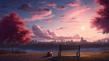 Illustration wide shot of a park in the dawn afternoon - obrazy, fototapety, plakaty
