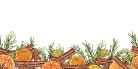 Foto op Plexiglas Winter seamless border of cinnamons sticks, star anise, dry orange slices, cloves and spruce branch. Citrus, evergreen, spice, badian. Watercolor illustration for the design of cards, package © Masha_tolk_art