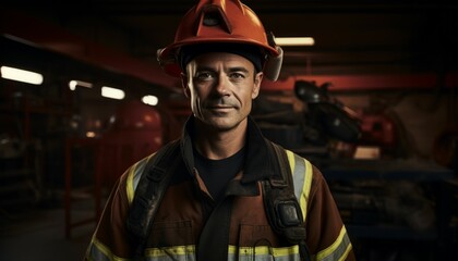 Obraz premium Portrait of Firefighter in uniform and helmet near fire engine in fire department.