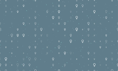 Seamless background pattern of evenly spaced white venus symbols of different sizes and opacity. Vector illustration on blue grey background with stars