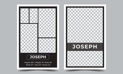 This is a modeling comp card. Its size is 5.5/8.5. It is a modern, sleek, and elegant design