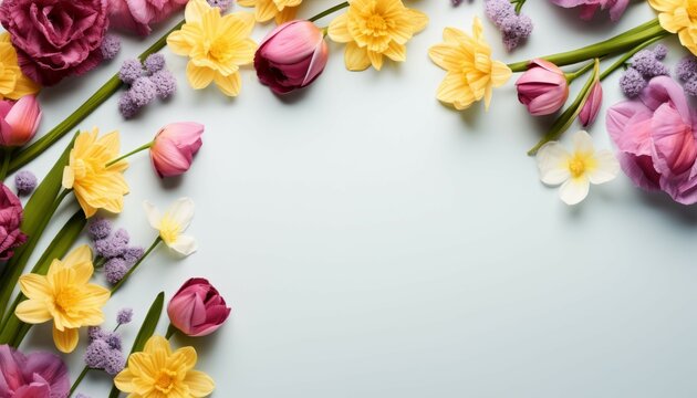 Top view flowers composition. Yellow and purple flowers on white isolated background. Spring, easter concept and flat lay with copy space