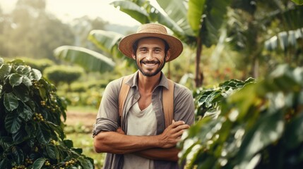 Farmer with coffee plantation, happy farmer with coffee plantation, coffee planting concept