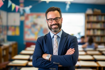 Handsome teacher smiling at camera at back of classroom at the elementary school