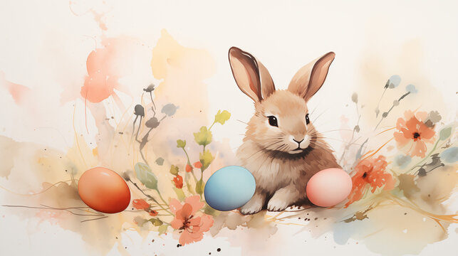 Osterbild, Aquarell, Wasserfarben, bunt, Ostereier, Hase, Osterhase, Blumen