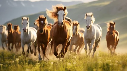 Foto op Canvas A herd of wild horses galloping freely across an open meadow, manes flowing. © Ai Studio