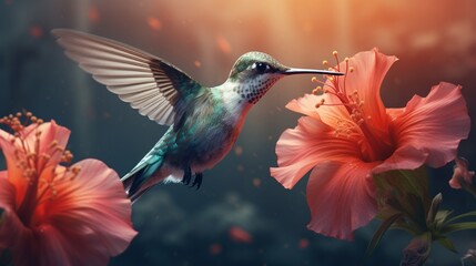 A hummingbird hovering in mid-air, siphoning nectar from a vibrant hibiscus flower.