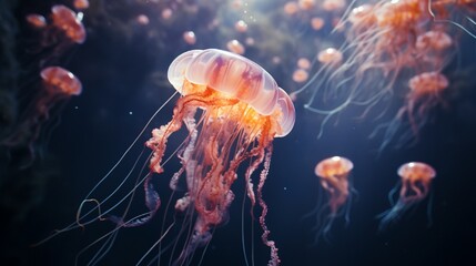 A jellyfish floating ethereally in clear ocean waters, surrounded by tiny fish.