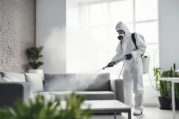 Foto op Plexiglas Faceless pest control worker in a protective suit sprays insect poison in a living room © colnihko