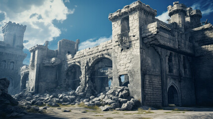 An old abandoned fortress, its crumbling walls still standing tall  - obrazy, fototapety, plakaty