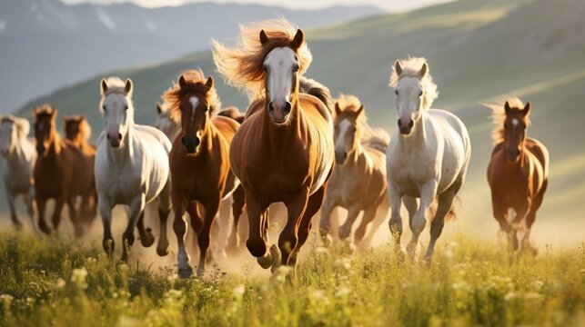 A herd of wild horses galloping freely across an open meadow, manes flowing.