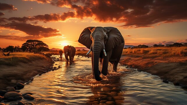 AI generated illustration of a group of African elephants trudging out of a watering hole at sunset