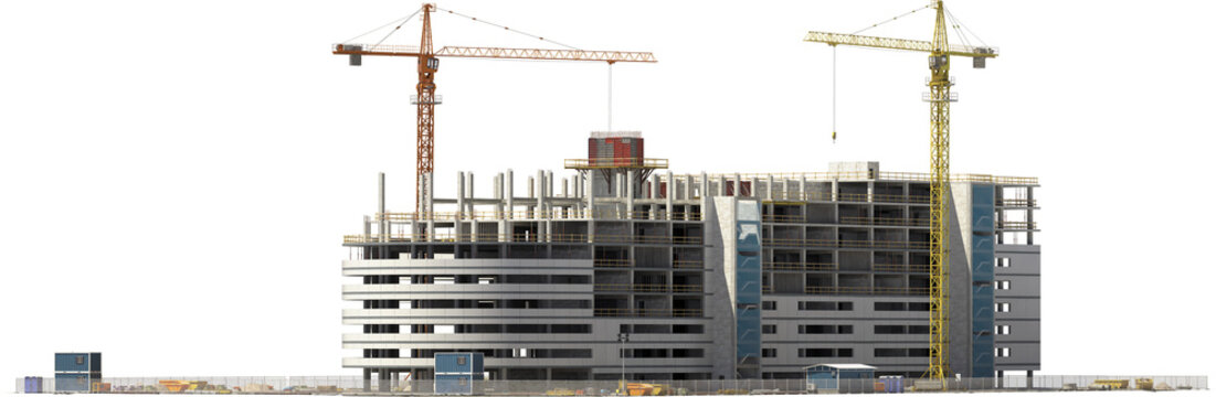 construction site building with crane front and side arch viz isolated 3d render