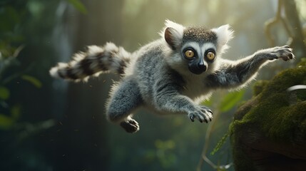 A lemur leaping effortlessly from tree to tree in a dense jungle. - obrazy, fototapety, plakaty