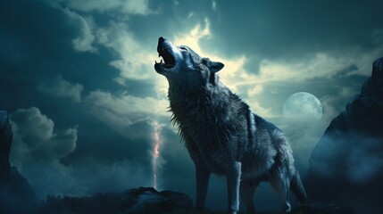 A lone wolf howling under a radiant full moon. - obrazy, fototapety, plakaty