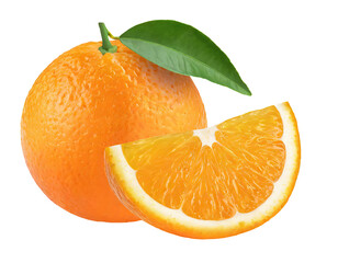 Orange fruit with orange slices and leaves  isolated on transparent background . PNG, cutout, or clipping path.	
