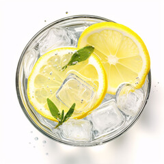 Gin tonic cocktail with lime slices, top view on white background - obrazy, fototapety, plakaty