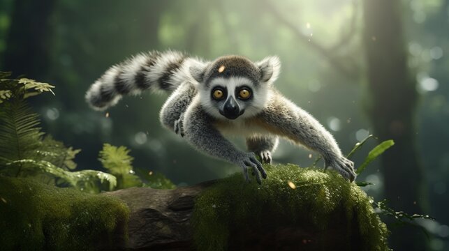A lemur leaping effortlessly from tree to tree in a dense jungle.