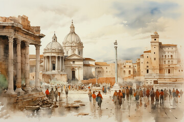 life drawing of a roman forum filled with people walking, standign columns and statues, antiquity, monochrome watercolor - obrazy, fototapety, plakaty