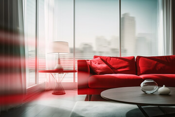 Stylish blurred minimal interior with red sofa and Motion Blur Light Effect
