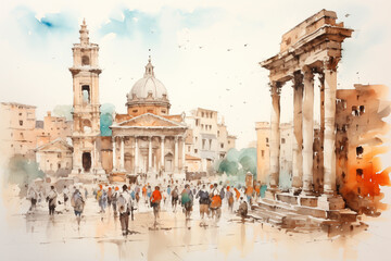 life drawing of a roman forum filled with people walking, standign columns and statues, antiquity, monochrome watercolor