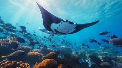 A manta ray gliding gracefully through azure waters, accompanied by a school of fish. - obrazy, fototapety, plakaty