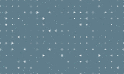 Seamless background pattern of evenly spaced white snowflakes of different sizes and opacity. Vector illustration on blue grey background with stars