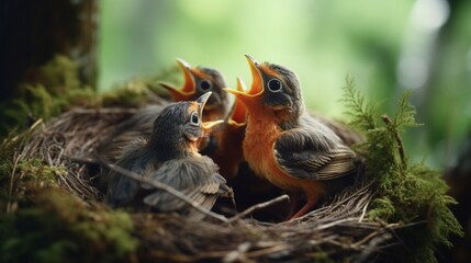 A nest of chirping baby robins, mouths wide open for food. - obrazy, fototapety, plakaty