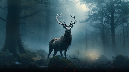 A noble stag standing amidst a foggy woodland, steam emitting from its nostrils.