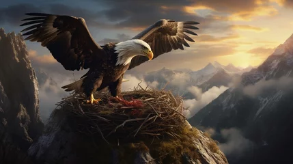 Fotobehang A pair of eagles tending to their nest on a craggy mountain cliff. © Ai Studio