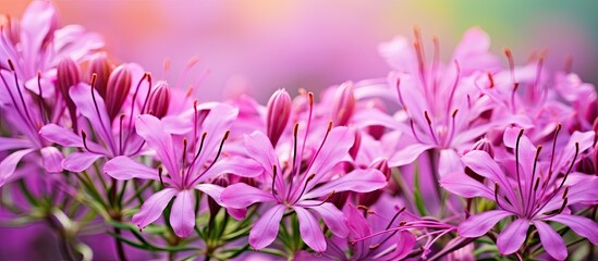 Obraz premium The garden showcases vibrant purple and pink spider flowers known as Cleome Hassleriana