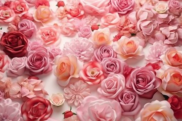 Bright floral wall with elegant pink roses arranged in a romantic pattern. 3D rendering. Generative AI